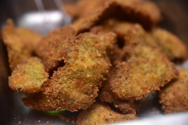 Closeup Shot Fried Fish Served Steel Plate — Stock Photo, Image