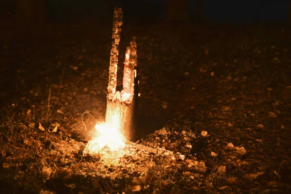 在木头附近的地面上燃烧着的火焰的特写镜头 — 图库照片