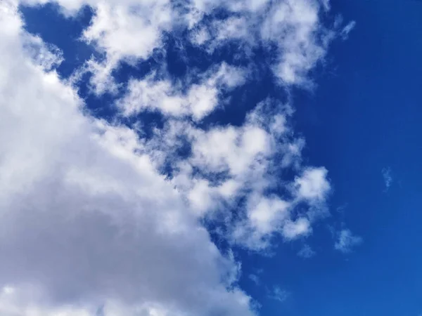 Mavi Gökyüzünde Beyaz Kabarık Bulutların Alçak Açılı Görüntüsü — Stok fotoğraf