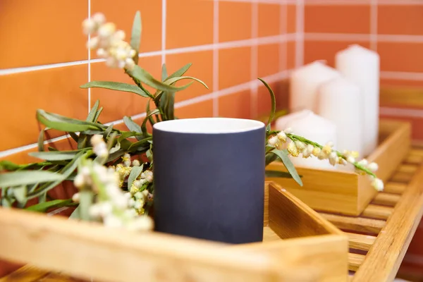 Nahaufnahme Einer Tasse Eines Astes Einer Pflanze Und Kerzen Badezimmer — Stockfoto