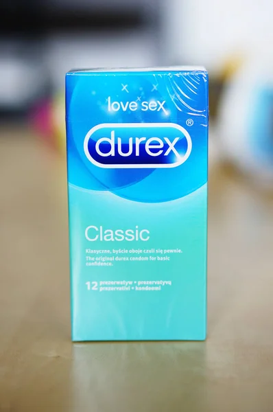 Poznan Poland October 2014 Blue Pack Durex Condoms Wooden Table — 图库照片