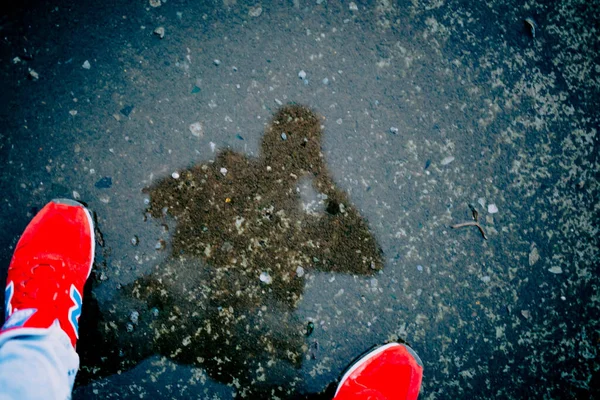 Man Standing Photographing His Reflection Puddle Daytime — Stock Photo, Image