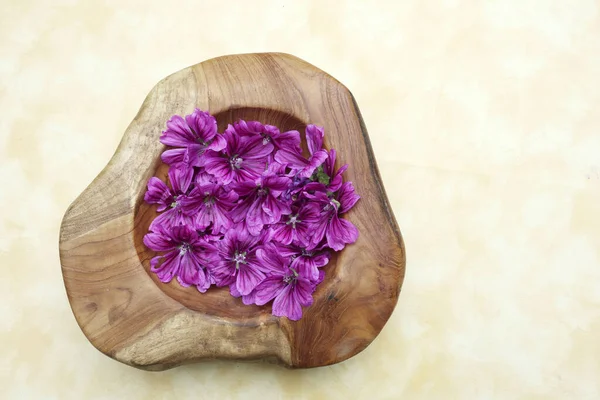 Top View Mallow Blossoms Wooden Bowl Spa Treatment Wellness — Stock Photo, Image