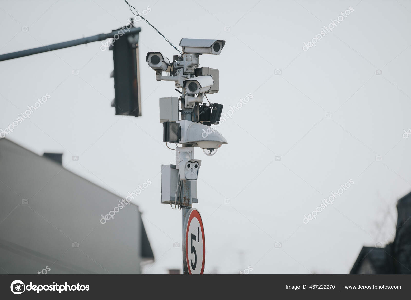 Shallow Focus Shot Multi Angle Traffic Cameras Street Pole — Stock