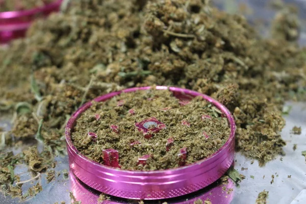 Närbild Hög Med Torkade Cannabisblommor Och Blad Kvarn — Stockfoto