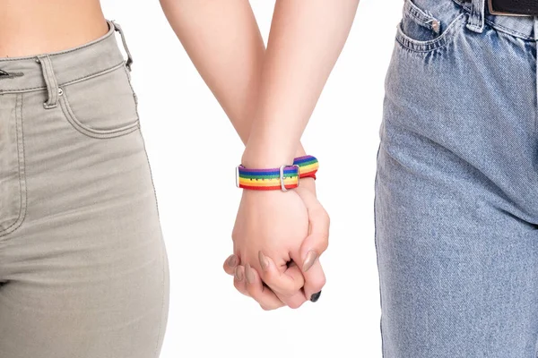 Closeup Shot Two Slim Women Holding Hands Lgbtq Flag Bracelets — Stock Photo, Image