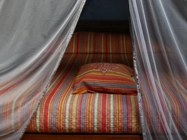 Old Fashioned Colorful Bed Curtains — Stock Photo, Image