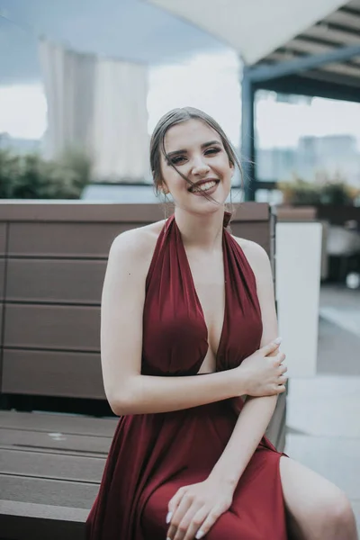 Young Attractive Caucasian Female Smiling Wearing Long Elegant Red Dress — 스톡 사진