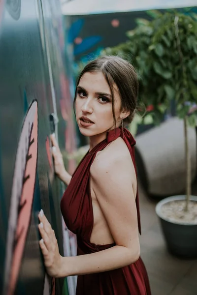 Young Attractive Caucasian Female Wearing Beautiful Elegant Red Dress Makeup — Stock Photo, Image