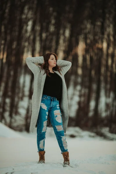 Uma Jovem Mulher Caucasiana Vestindo Casaco Cinza Posando Parque Inverno — Fotografia de Stock