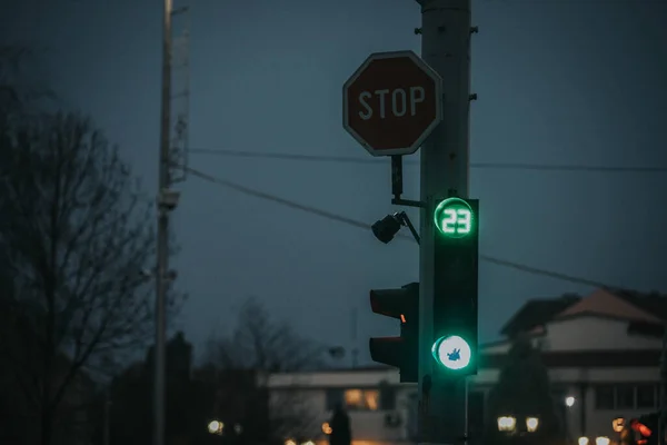 Primer Plano Una Señal Tráfico Stop Parte Superior Semáforo Calle — Foto de Stock