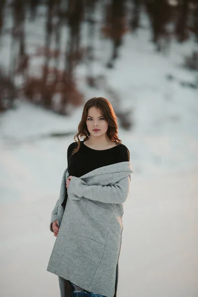 Ung Hvid Kvinde Iført Grå Frakke Poserende Vinterpark Dækket Sne - Stock-foto