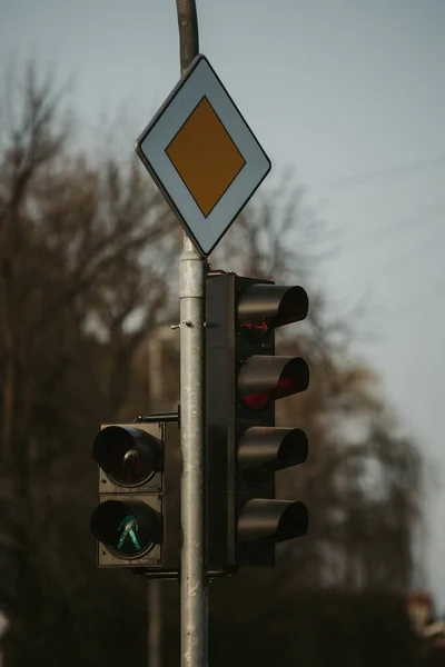 Una Captura Enfoque Superficial Semáforos Verde Signo Carretera Principal Día — Foto de Stock