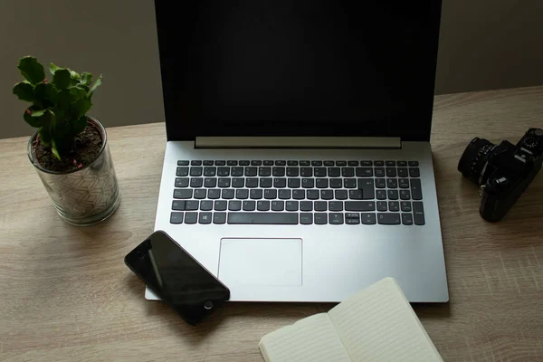 Laptop Open Notebook Cellphone Plant Office Table — Stock Photo, Image