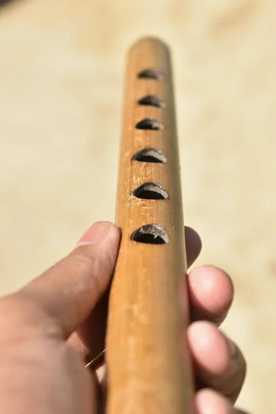 Vertical Hand Holding Wooden Flute — Stock Photo, Image