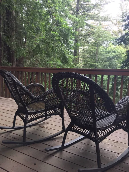 Vertical Shot Old Two Rocking Chairs Redwood Deck Forest California — Stock Photo, Image