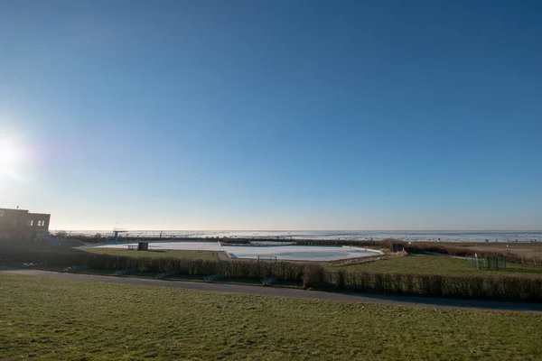 Beautiful View Green Field Long Road Right Side Blue Sky — 图库照片