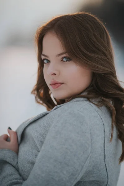 Portrait Adult Brunette Woman Wearing Gray Coat Forest Winter — Stock Photo, Image