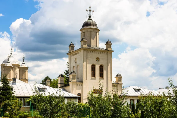 Вертикальный Снимок Православной Церкви Близ Бухареста Румыния Окружении Зеленых Деревьев — стоковое фото