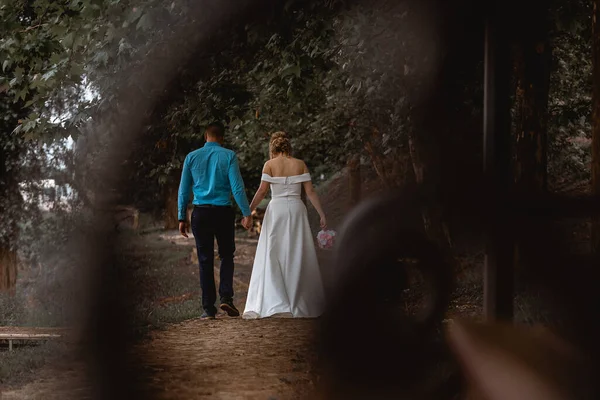 花嫁と新郎が庭を歩く美しい景色 — ストック写真