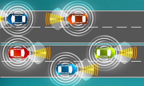 Ilustracja Małych Kolorowych Samochodów Autopilota Drodze — Zdjęcie stockowe