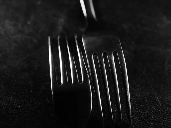 Closeup Shot Two Metal Forks Black Fabric — Stock Photo, Image