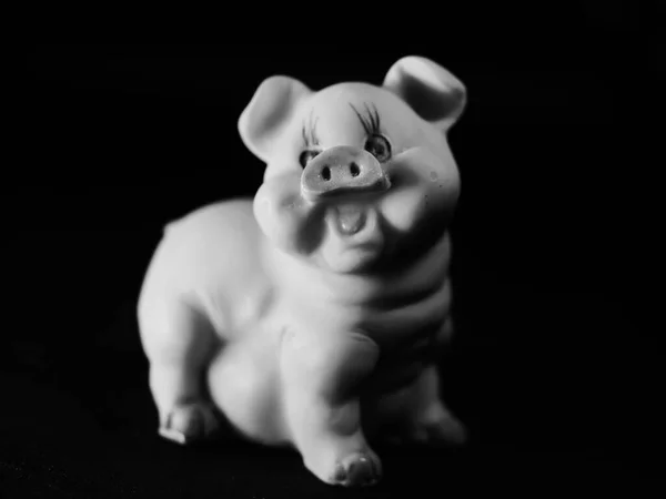 Graustufenaufnahme Eines Porzellansparschweins Isoliert Auf Schwarzem Hintergrund — Stockfoto