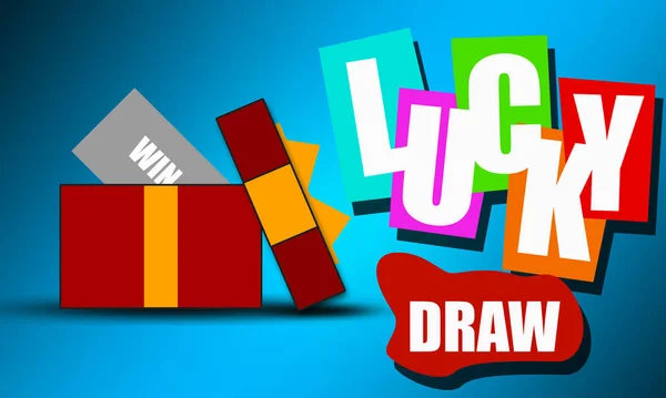 A prize box opening with colorful lucky and draw words on a blue background