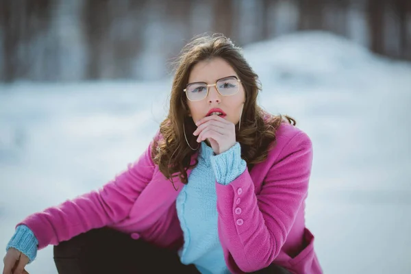 Young Brunette Girl Eyeglasses Curiously Looking Camera Wearing Pink Coat — 스톡 사진