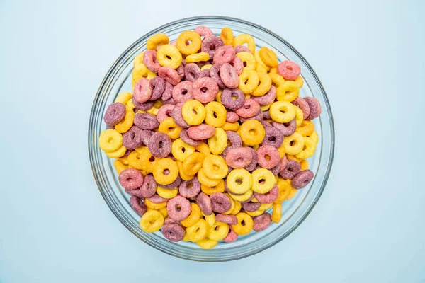 Top View Breakfast Cereal Rings Bowl Isolated Blue Background — Stock Photo, Image