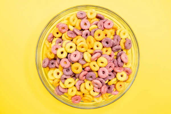 Top View Breakfast Cereal Rings Bowl Isolated Yellow Background — Stock Photo, Image