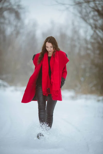 눈덮인 속에서 코트를 튀기는 갈색의 소녀의 온몸을 — 스톡 사진