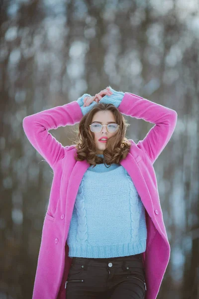 Young Brunette Girl Eyeglasses Wearing Pink Coat Standing Snow Her — 스톡 사진