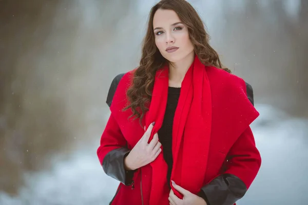 若いですブルネットの女の子の肖像画固定彼女のスカーフで雪の森を身に着けているスタイリッシュな赤いコート — ストック写真
