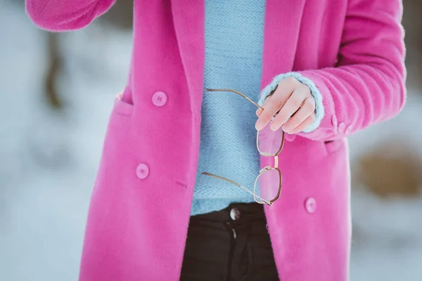 Midsection Young Girl Holding Her Eyeglasses Snowy Forest Wearing Pink — 스톡 사진