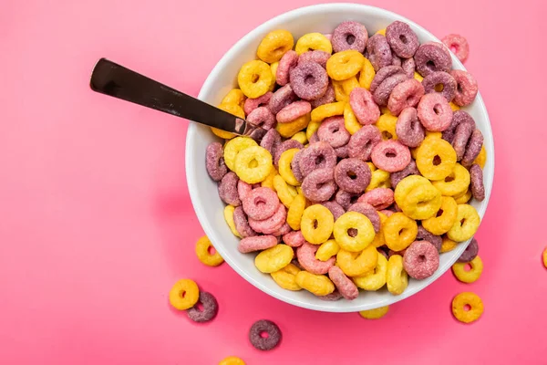 Top View Breakfast Cereal Rings Bowl Isolated Pink Background — Stock Photo, Image