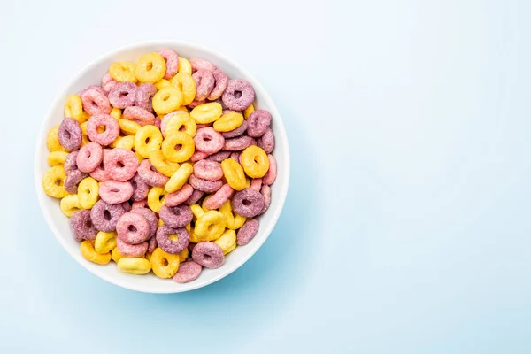 Top View Breakfast Cereal Rings Bowl Isolated Blue Background — Stock Photo, Image