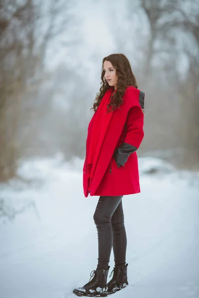 彼女のポケットに彼女の手で雪の森の中で赤いコートを着て若いブルネットの女の子のフルボディショット — ストック写真