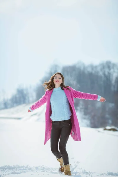 Full Body Shot Young Brunette Girl Eyeglasses Dancing Snow Wearing — стоковое фото