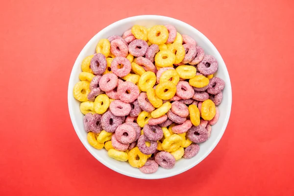 Top View Breakfast Cereal Rings Bowl Isolated Red Background — Stock Photo, Image