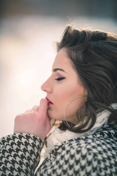 Side Profile Pensive Brunette Girl Stylish Winter Outfit Standing Her — 스톡 사진