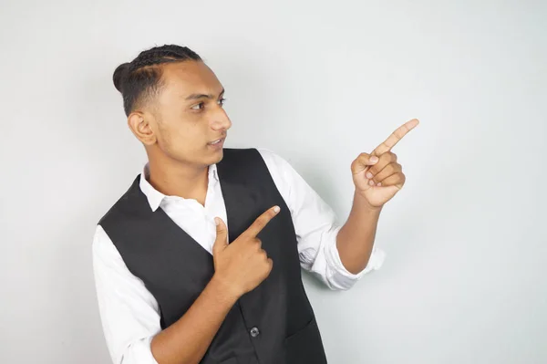 Young Indian Man Waistcoat Vest Pointing His Two Hands Isolated — Stock Photo, Image