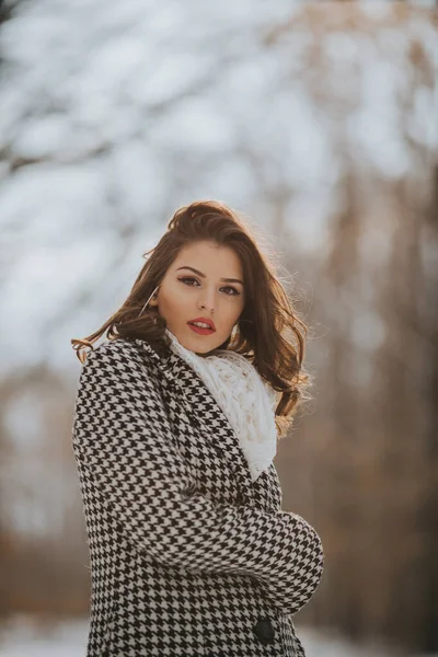 Неглубокий Снимок Молодой Брюнетки Модном Зимнем Наряде Позирующей Снежном Парке — стоковое фото