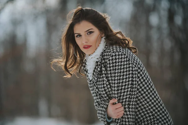 Неглибокий Фокус Знімок Молодої Брюнетки Модному Зимовому Вбранні Позує Засніженому — стокове фото