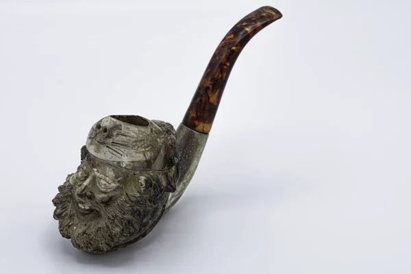 Primo Piano Una Pipa Fumante Antica Con Volto Umano Isolata — Foto Stock