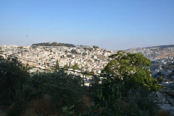 Luftaufnahme Einer Stadt Auf Dem Hügel Mit Bäumen Vordergrund — Stockfoto