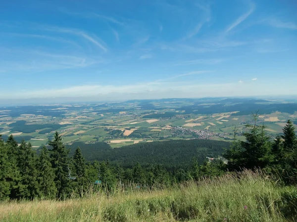 Een Close Van Een Beboste Heuvel Met Velden Achtergrond — Stockfoto