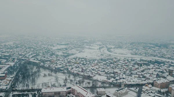 Widok Lotu Ptaka Dzielnicę Brcko Bośni Hercegowinie Śnieżny Dzień — Zdjęcie stockowe