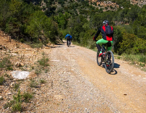 Ung Man Sportkläder Cyklar Vägen Skogen — Stockfoto