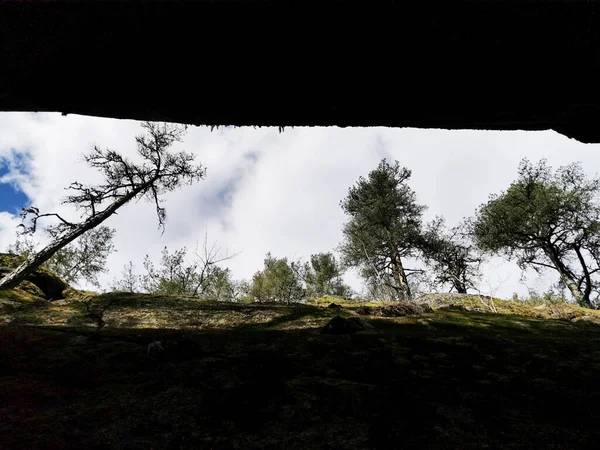 在蓝天的背景上 两张覆盖着绿色苔藓的岩石悬崖的特写照片 — 图库照片